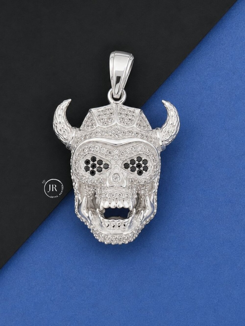 925 Sterling Silver Horned Skull Pendant Black CZ Eyes Biker Gothic Jewelry